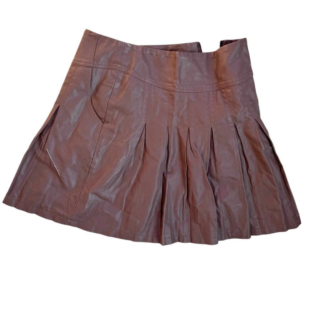 Mini Skirt Pleather Pleated Brown Y&F Large Goth Twee Y2K Grunge Baddie